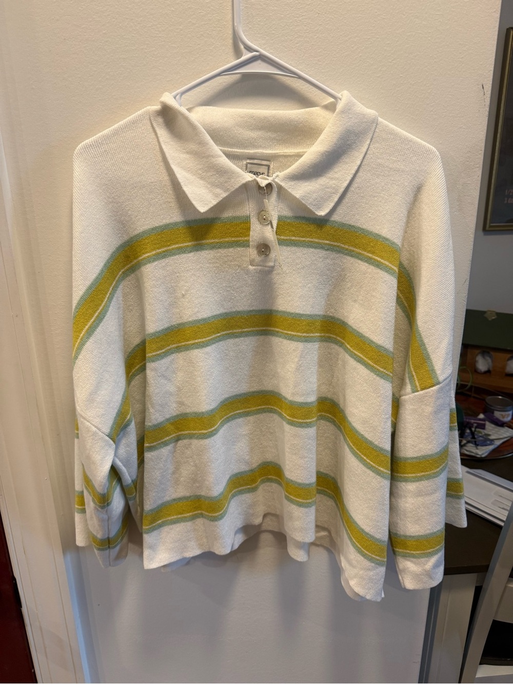 NWT Anthropologie Maeve Cream Polo Sweater with Yellow and Green Stripes